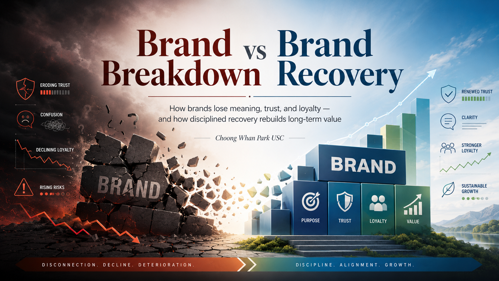 Illustration comparing brand breakdown and brand recovery, with a crumbling brand structure on one side and a rebuilt brand foundation of purpose, trust, loyalty, and value on the other