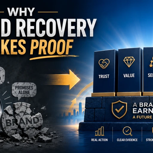 Conceptual illustration showing a damaged brand structure being rebuilt with blocks labeled trust, service, value, and consistency, symbolizing brand recovery through repeated proof and renewed customer confidence.