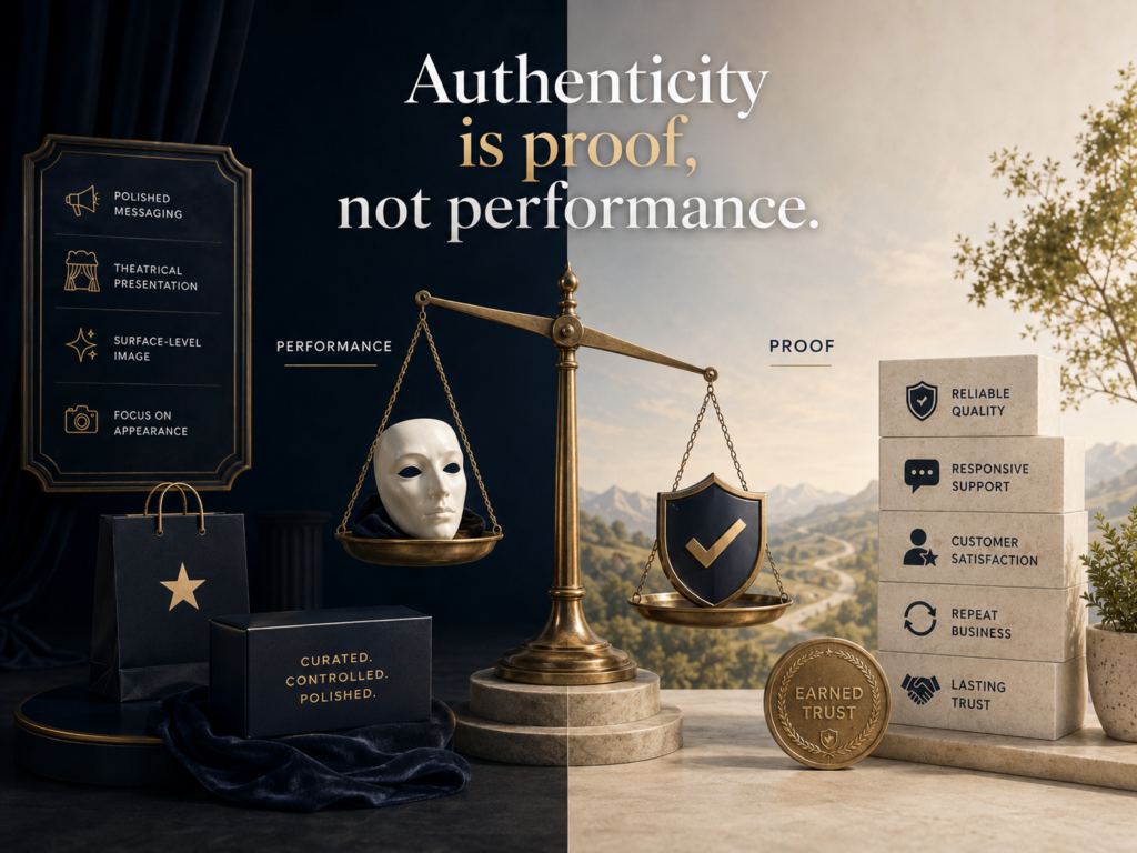 Conceptual image contrasting polished brand performance with real customer proof, showing how authenticity is earned through reliable quality, support, satisfaction, and lasting trust.