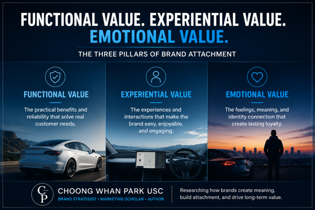 Infographic showing functional value, experiential value, and emotional value as three levels of brand value connected to brand attachment and long-term customer loyalty.