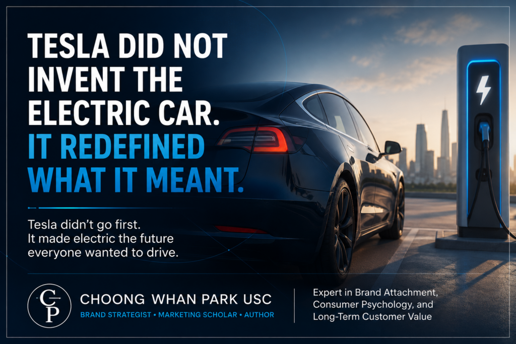 Image card showing an electric vehicle charging scene with the message that Tesla did not invent the electric car, but redefined what it meant through innovation, aspiration, and brand attachment.